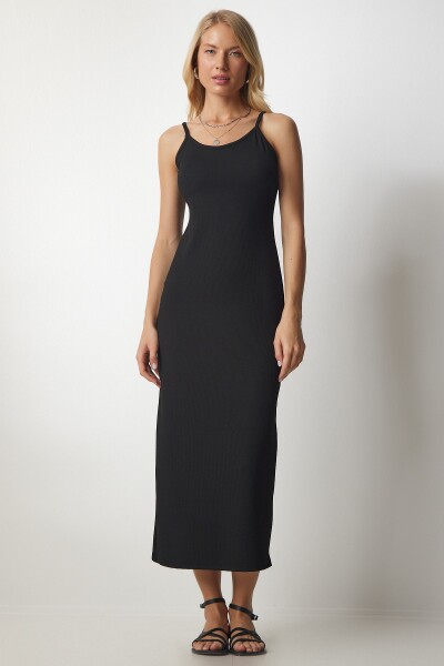 Happiness İstanbul Women's Black Strappy Ribbed Pencil Dress