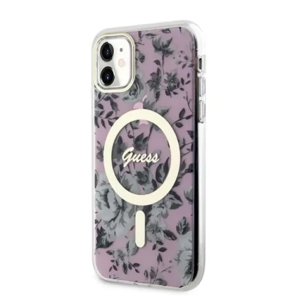 Pouzdro Guess PC/TPU Flowers IML MagSafe iPhone 11 růžové