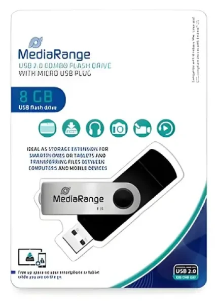 MediaRange MR930-2 8 GB černo-stříbrná / Flash disk / OTG / USB-A 2.0 + Micro-USB / čtení 15 MB/s / zápis 5 MB/s (MR930-2)