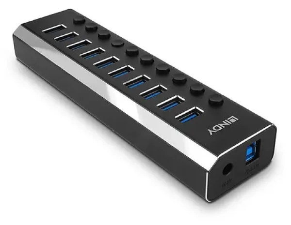 Lindy 10 Port USB 3.0 Hub černá / Rozbočovač / vypínače portů / napájecí adaptér 12V/3A (43370)