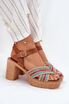 Kožené Sandály Na Podpatku S Pletením Na Páscích Hnědé Zazoo 40460 40