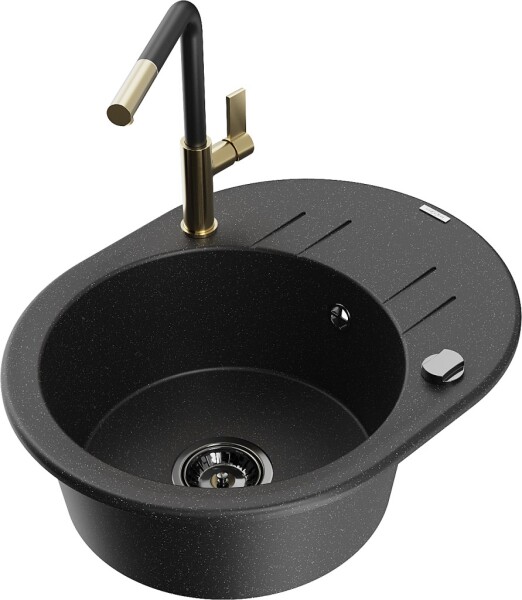 MEXEN/S - Kevin granitový dřez 1-miska s odkapávačem včetně baterie Flora, černá/srebrny metalik 6517-73-670401-57-B