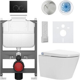CERANO Závěsné WC s bidetem Basic/Cronus Premium - bílá lesklá - WC tlačítko Dualo/Černá - ovládání shora - předstěnová instalace - 59,3x38,4 cm
