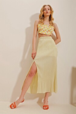 Trend Alaçatı Stili Women's Beige Patterned Tulle Chiffon Skirt with Slits