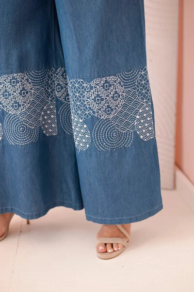 Dámské kalhoty Plus Size se širokými nohavicemi a etnickou výšivkou džínové UNI