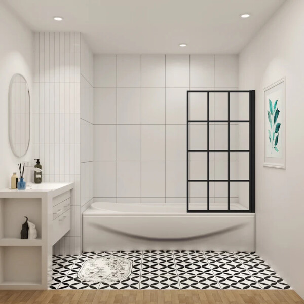 H K - Vanová zástěna V1 BLACK GRID 80 × 140 – otočná, černý rám, L/P varianta V1BG-80