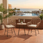 Relaxační set stůl + 2 židle, kov, umělý ratan, látka béžová, deska stolku polywood