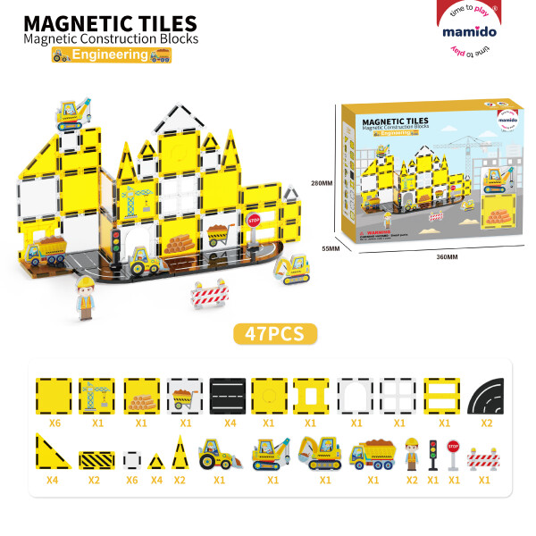 Mamido Magnetická stavebnice dopravní město 47 dílů, jeřáb, bagr, nakladač MT1476