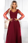 640-1 LORETTA jedinečné dlouhé šaty s tylovými rukávy a výstřihem - vínové XXL