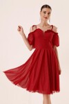 By Saygı Pleated Collar Balloon Sleeve Lined Silvery Tulle Dress Red