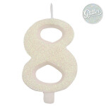 Svíčka číslo 8 bílá s glitrem 9,5 cm Svíčka číslo 8 bílá s glitrem 9,5 cm