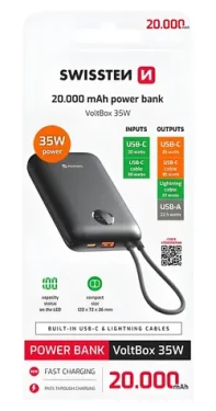 SWISSTEN VOLTBOX 20000mAh černá / Powerbanka s integrovanými kabely / 35W / USB-C + Lightning