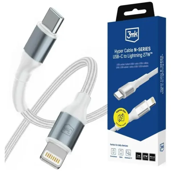 3mk Hyper Cable N-SERIES bílá / Datový kabel / USB-C na Lightning / 27W PD 3.0 / 1 m (5903108758246)
