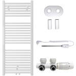 CERANO Koupelnový radiátorový set Lincoln - kombinované výtápění, termo tyč - středové připojení 50 mm - 300W - bílá lesklá - 1200x500 mm