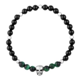 Pánský náramek Cristoval - lebka, 6 mm zelené tygří oko, onyx, Zelená 19 cm