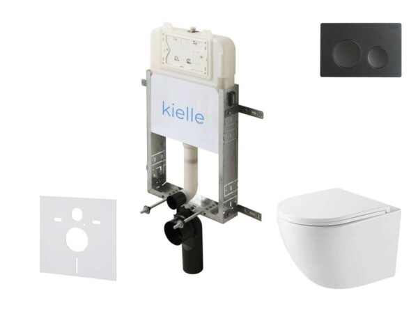 Kielle - Genesis New Set předstěnové instalace, kompaktního klozetu Oudee, Vortex Rimless+, sedátka softclose a tlačítka Gemini New I, matná černá 30528SZ39