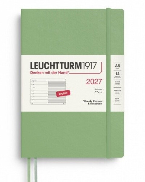 Týdenní plánovač Zápisník Sage, Medium A5 2027, Softcover, anglicky