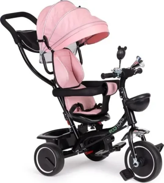 ECOTOYS Tříkolka se střechou a vodící tyčí růžová (JM-066-9 PINK)