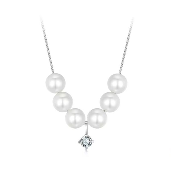 Stříbrný perlový náhrdelník Dariana - 0,1 ct MOISSANITE + CERTIFIKÁT, Stříbrná 40 cm + 5 cm (prodloužení)