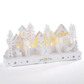 Dřevěná LED dekorace VESNICE bílá délka 30 cm