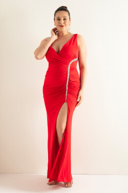Lafaba Dámské červené kamenné ramínko Plus Velikost Dlouhé večerní šaty