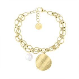 Dvojitý ocelový náramek s medailonem Sabrina Gold - perla, Zlatá 17 cm + 3 cm (prodloužení)