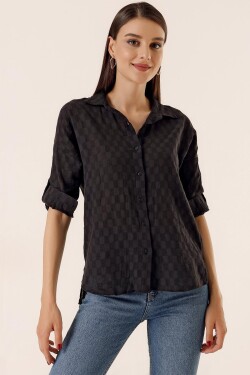 By Saygı Button-Front Polo Collar Shirt with Buttons, Folded Sleeves Black