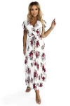 434-8 LISA Plisované midi šaty s výstřihem a volánky - ecru + vínové květy UNI