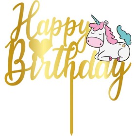 Cesil Zapichovací plastová dekorace zlatá Happy Birthday s jednorožcem