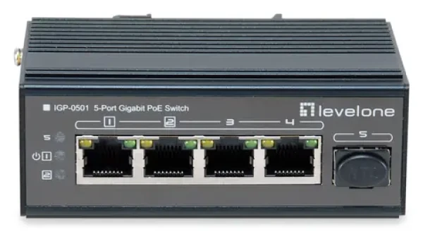 LevelOne IGP-0501 / Průmyslový switch / 4x GbE PoE+ / 1x SFP / 240W / Neřízený / Kov (IGP-0501)