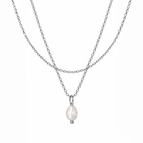 Dvojitý náhrdelník s perlou Éléonore - chirurgická ocel, Stříbrná 38 cm + 5 cm (prodloužení)