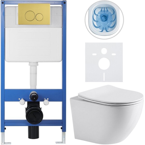CERANO Kompletní podomítkový WC set Lite/Cesso - bílá lesklá - WC tlačítko Duo, zlatá - předstěnová instalace - 49x36 cm