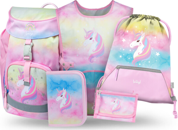 5 SET Airy Rainbow Unicorn: batoh, penál, sáček, zástěra, peněženka