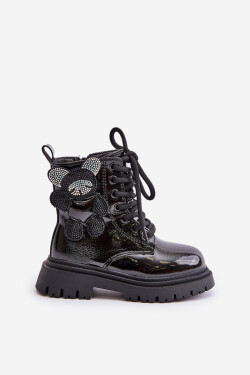 Zateplené dívčí botky s medvídkem na zip lakované černé Relobia 36