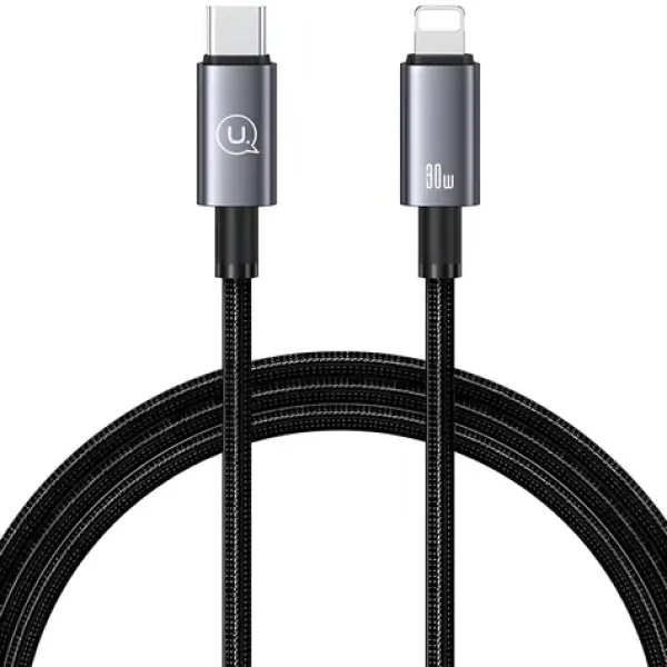 USAMS SJ662 černá / Datový kabel / Lightning - USB-C / 30W rychlonabíjení / 1,2 m / Nylonové opletení (SJ662USB01)