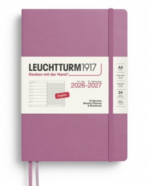 Týdenní plánovač Zápisník Dusty Rose, Medium A5 2027, 18měs., anglicky
