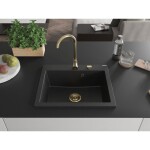 MEXEN/S - Elix granitový dřez 1-miska 600 x 500 mm, černá/stříbrná metalik, sifon zlatá 6525601005-73-G