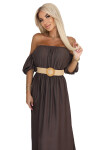 614-1 Maxi šaty v boho stylu s odhalenými rameny a páskem - CHOCOLATE UNI