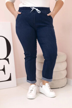 Dámské bavlněné kalhoty Plus Size s elastickým pasem a zavazováním tmavě džínové 5XL