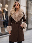 Dámský kabát s odnímatelným kožešinovým límcem, hnědý, FashionStreet TY6073 XL