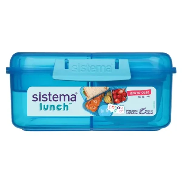 Sistema Dělený svačinový box Lunch Bento Cube s nádobou na jogurt a 2 tácky 1,25 l, modrá (8592001418424)