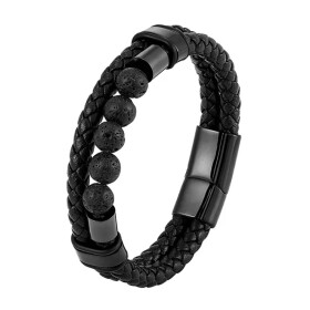Pánský náramek Celso - 8 mm lávový kámen, ocel, kůže, Černá 21 cm