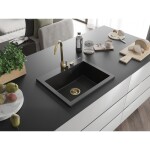 MEXEN/S - Elix granitový dřez 1-miska 600 x 500 mm, černá, sifon zlatá 6525601005-77-G
