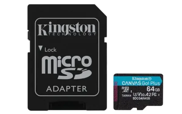 Kingston Canvas Go Plus microSDXC 64GB s adaptérem / UHS-I V30 / U3 / Class 10 / čtení: až 200MBs / zápis: až 160 MBs (SDCG4/64GB)