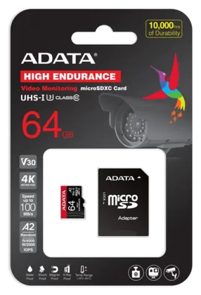 ADATA High Endurance / Micro SDXC karta / 64 GB / UHS-I U3 / Class 10 / čtení 100 MB/s / zápis 80 MB/s / + adaptér (AUSDX64GUI3V30SHA2-RA1)