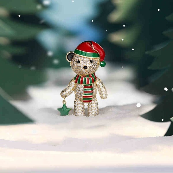 Vánoční brož se zirkony Christmas Teddy - vánoční medvídek, Zlatá