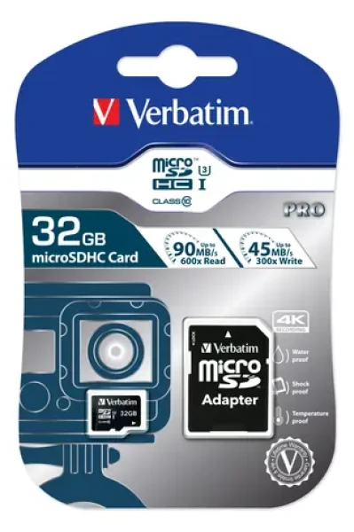 Verbatim microSDHC Pro 32GB + Adaptér / Paměťová karta / UHS-I (U3) / Class 10 / až 90MBs (47041-V)