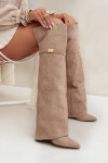 Zateplené kozačky s ohnutým horním dílem nad kolenem s jehlovým podpatkem béžové Serelle 37