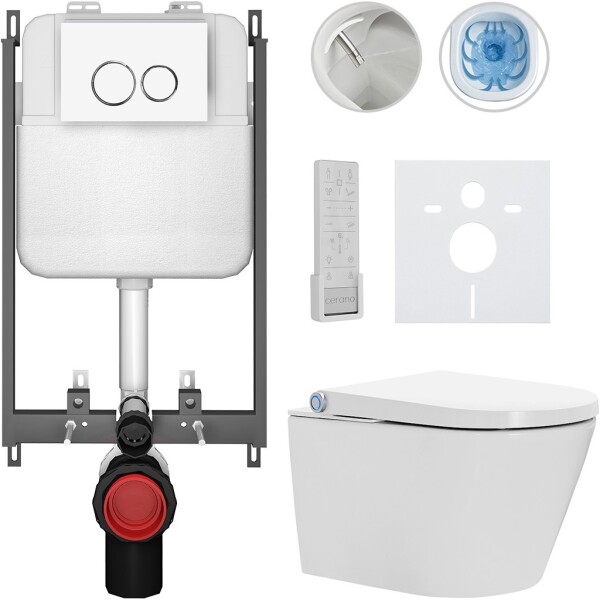 CERANO Závěsné WC s bidetem Basic/Cronus Premium - bílá lesklá - WC tlačítko Dualo/Bílá - pro zazdění - 59,3x38,4 cm