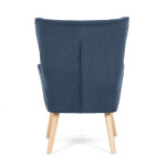 Křeslo, potah modrá manšestrová látka, dřevěné nohy, masiv kaučukovník